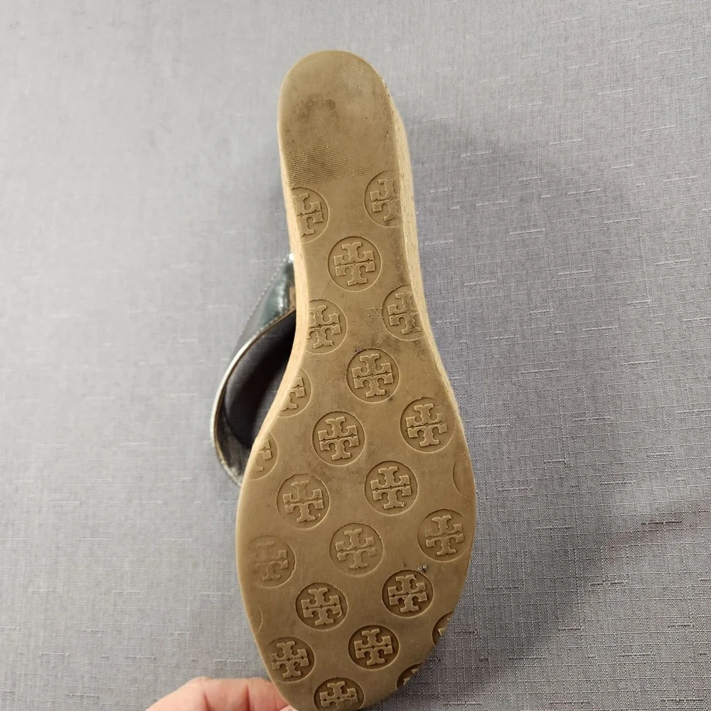 Tory Burch Thora Wedge Sandal Metallic Grey Leather Cork Platform Womens 10.5